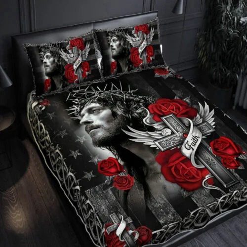 Christian Cross Quilt Bedding Set Jesus Faith Over Fear