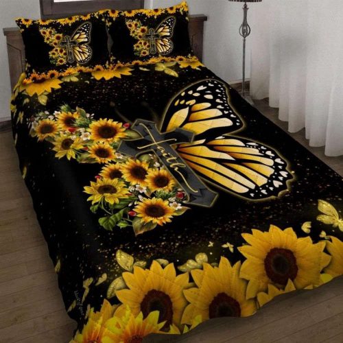 Faith Jesus Christ Butterfly Sunflower Quilt Bedding Set  Gift