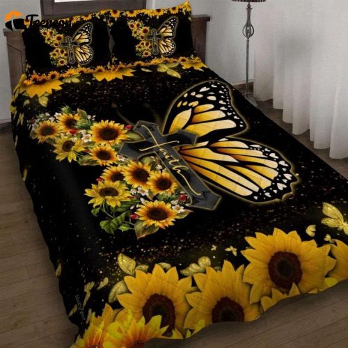 Faith Jesus Christ Butterfly Sunflower Quilt Bedding Set  Gift