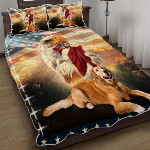 3D Golden Retriever Jesus Eagle Quilt Bedding Set – Perfect Christmas Gift!