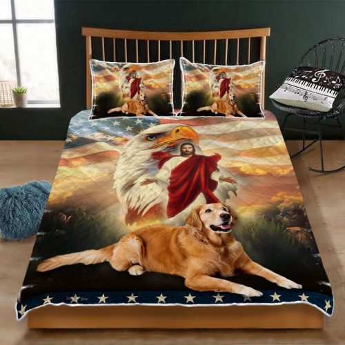 3D Golden Retriever Jesus Eagle Quilt Bedding Set – Perfect Christmas Gift!