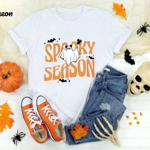 Mickey Ghost Spooky Season with Pumpkin Shirt, Cute Mickey Boo T-shirt, Disney Disneyland Halloween Party Gift, Mickey’s Not So Scary