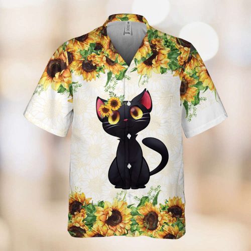 Black Cat Hawaiian Shirt, Cat Lovers Hawaiian Shirt, Cat Sunflower Hawaiian Shirt, Hawaiian Beach Tee, Summer Aloha 2023,Gifts For Cat Owner