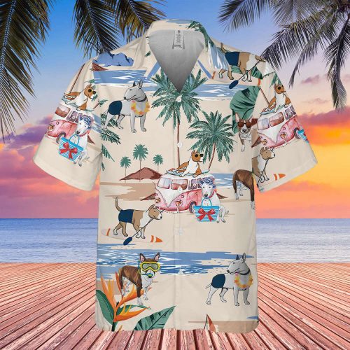 Bull Terrier Summer Beach Hawaiian Shirt, Dog Hawaiian Shirt, Beach Holiday Hawaii Shirt, Summer Vacation Aloha Shirt, Tropical Family Hawai