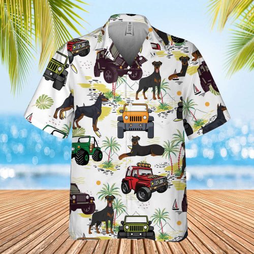 Doberman Hawaiian Shirt, Car Hawaiian Shirt, Doberman Dog Tropical Pattern Shirt, Hawaii Travel Shirt, Button Down Shirt