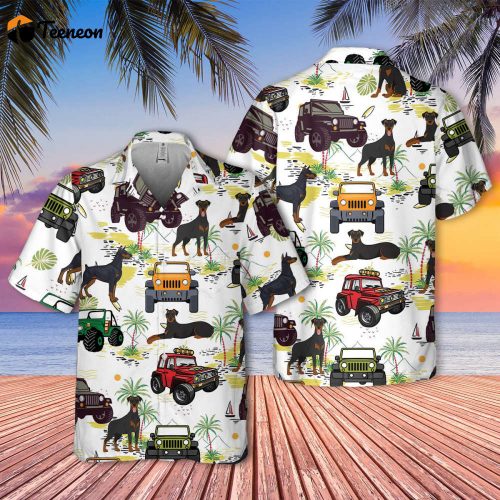 Doberman Hawaiian Shirt, Car Hawaiian Shirt, Doberman Dog Tropical Pattern Shirt, Hawaii Travel Shirt, Button Down Shirt