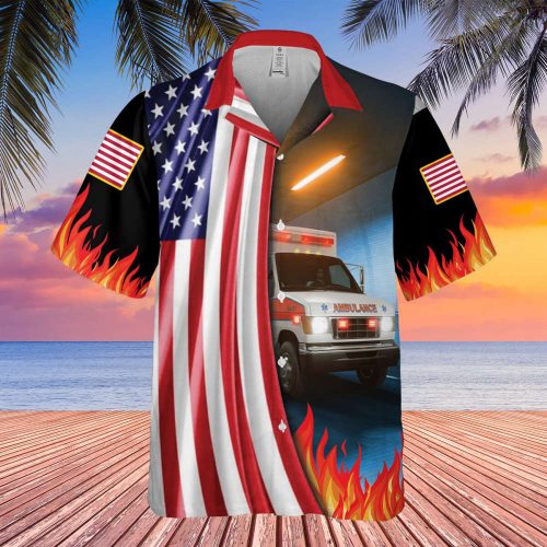 Hawaiian EMT Shirt, American Flag Shirt,  Beach Holiday Hawaii Shirt, Summer Vacation Aloha Shirt, Shirt For Men/ Women, 4th Of July Shirt