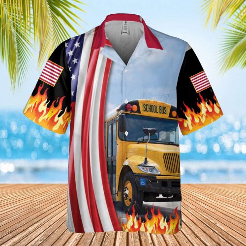 School Bus Driver Haiwaiian Shirt, Beach Holiday Hawaii Shirt, Summer Vacation Aloha Shirt, Shirt For Men/ Women, American Flag Shirt