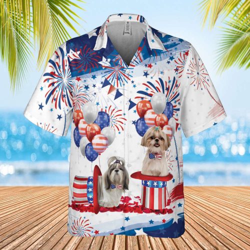 Shih Tzu Independence Day Hawaiian Shirt, Shih Tzu American Flag Shirt, 4th Of July, Tropical Pattern Shirt, Firework Hawaii Travel Shirt