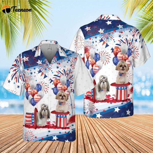 Shih Tzu Independence Day Hawaiian Shirt, Shih Tzu American Flag Shirt, 4th Of July, Tropical Pattern Shirt, Firework Hawaii Travel Shirt