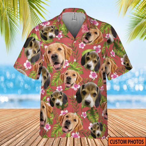 Tropical Vintage Monstera Palm Branches Tropical Flowers Custom Dog Photo, Custom Photo Shirt, Tropical Pattern Shirt, Hawaii Travel Shirt