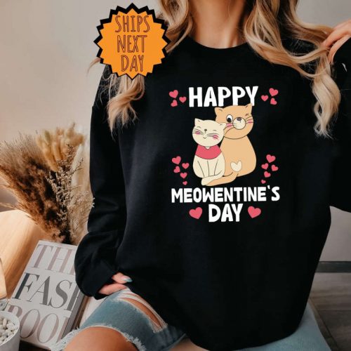 Happy Meowentine’s Day Cat Sweatshirt, Cat Lover Valentine Sweatshirt, Valentines Day Hoodie, Funny Valentines Day Sweater, Cat Gift Shirt