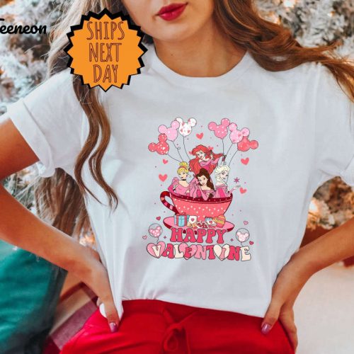 Happy Valentine Disney Princess Shirt, Happy Valentine Princess Team Shirt ,Disney Tea cup Shirt, Disney  Princess Valentine’s Gift Shirt