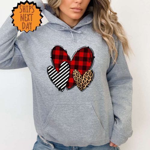 Valentines day 3 Heart Sweatshirt, Leopard Print Heart Shirt ,Cute Valentines Day Shirt, plaid print Shirt, Cute Heart Shirt, Valentines tee