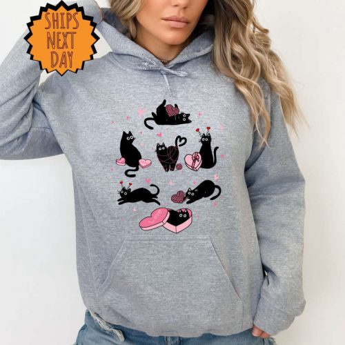 Valentine’s Day Black Cat Sweatshirt Valentines Cat Hoodie, Cat Lover Shirt, Cute Valentine Cats, Cat Hearts Sweater, Valentines Day Shirts