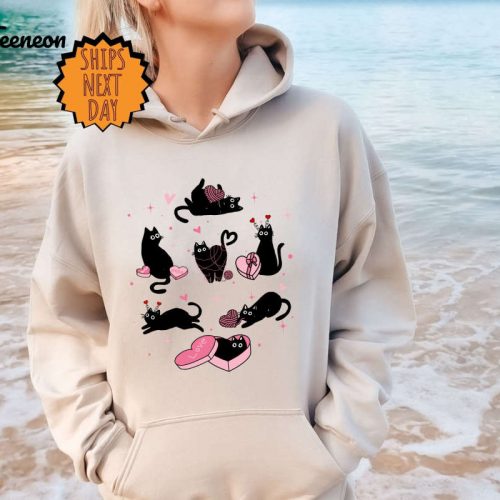 Valentine’s Day Black Cat Sweatshirt Valentines Cat Hoodie, Cat Lover Shirt, Cute Valentine Cats, Cat Hearts Sweater, Valentines Day Shirts