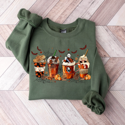 Spooky Horror Character Coffee Cups Sweatshirt – Perfect for Horror Lovers!