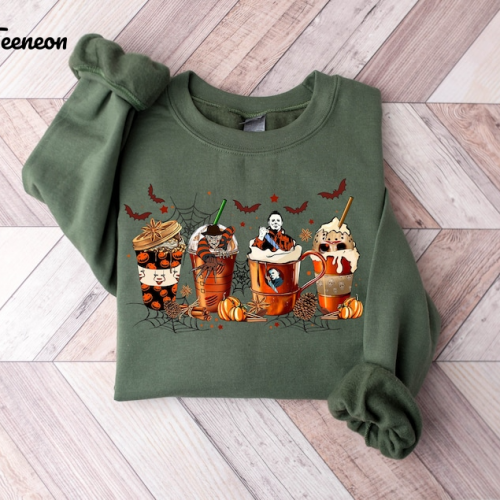 Spooky Horror Character Coffee Cups Sweatshirt – Perfect for Horror Lovers!