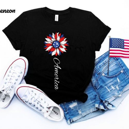 America Sunflower ShirtA Flag Flower Tee: Perfect Gift for Americans Celebrate Freedom & Independence with 4th of July Graphic