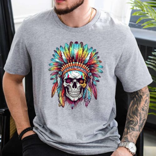 Native Chief Skull T-Shirt: American Tee with Full Moon Top & Indigenous Art Dreamcatcher & Feather Shirt