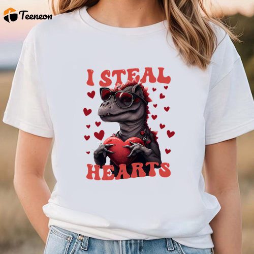 Cute Valentines Day Shirts, Heart Thief Dinosaur Valentine Day T-Shirt