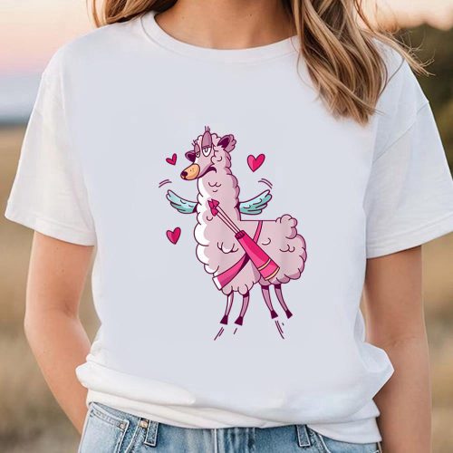 Cute Valentines Day Shirts, Valentine’s Day Gift Cute Winged Llama With Hearts Around T-Shirt