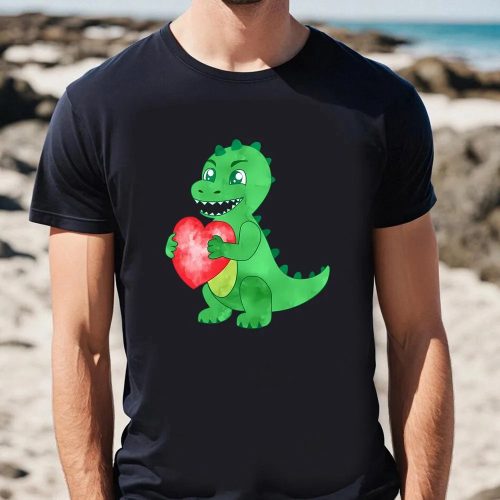 Cute Valentines Day Shirts, Watercolor Green Dinosaur Hold Heart Valentine T-Shirt