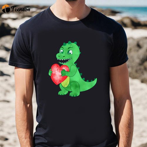 Cute Valentines Day Shirts, Watercolor Green Dinosaur Hold Heart Valentine T-Shirt