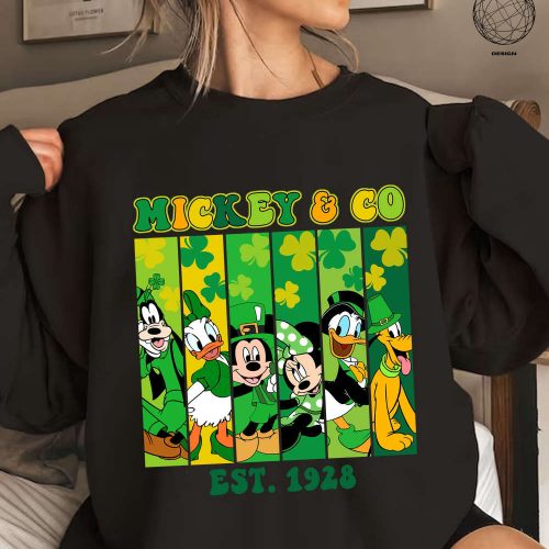 Disney St Patrick’s Day Mickey And Friends T-Shirt Est 1928 Four Leaf Clover Shamrock Family 2024 Tee