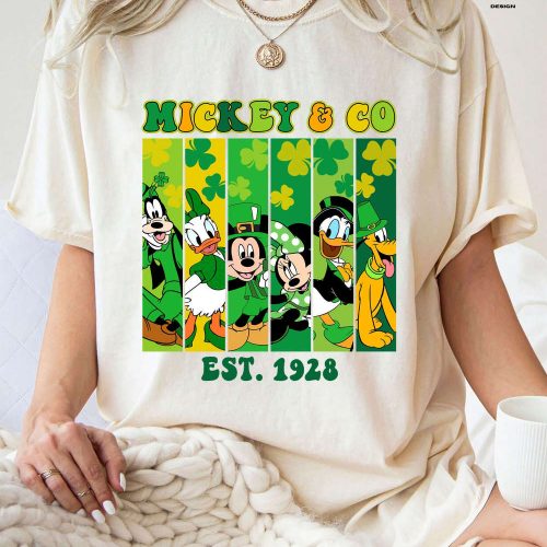 Disney St Patrick’s Day Mickey And Friends T-Shirt Est 1928 Four Leaf Clover Shamrock Family 2024 Tee