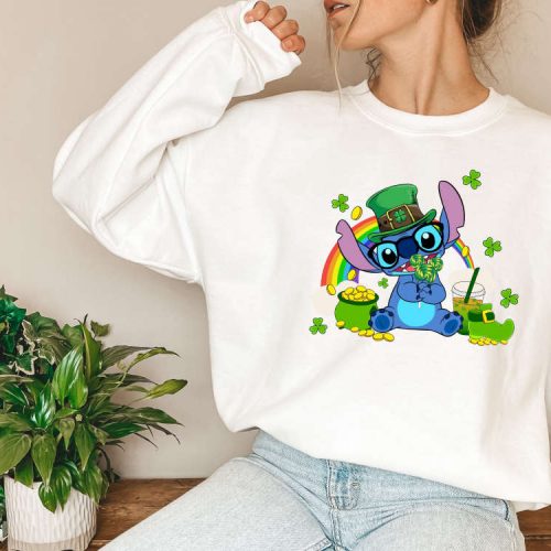 Lucky Stitch T-shirt: Vibrant Rainbow Design Irish Saint Patrick & Disney Shamrock Tees Lucky Vibes & Four Leaf Clover Perfect Drinking Tee!