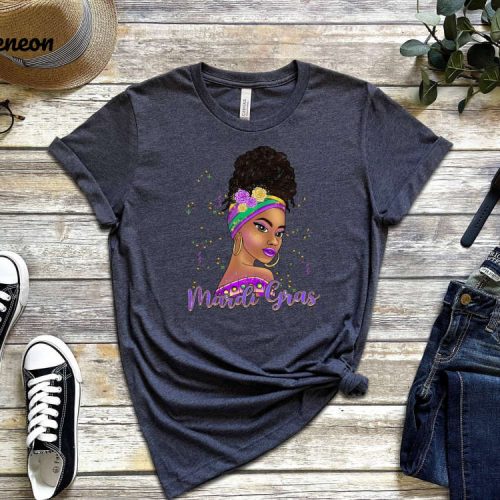 Mardi Gras Afro Woman T-Shirt: Festive Gift for Fat Tuesday Carnival Celebration – NOLA & Party Shirts