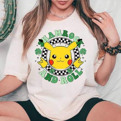 St Patrick s Day Pokemon Shirt: Pikachu Eevee Gengar Tee with Irish Shamrock – Perfect for Disneyland Holiday!