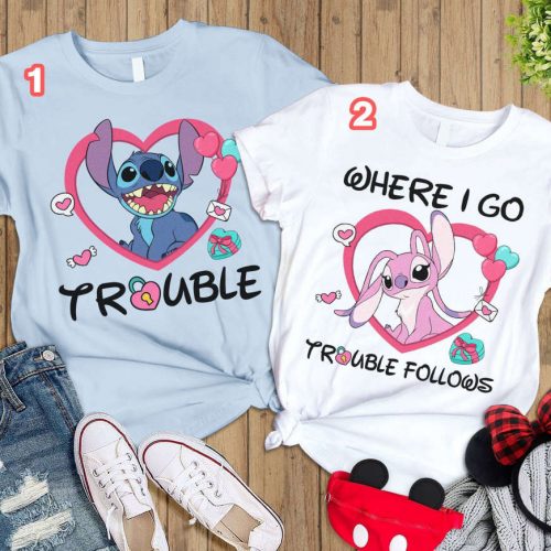 Stitch & Angel Matching Shirt – Trouble Follows – Disneyland 2024 Tee – Valentine Couple Shirts