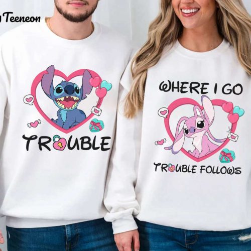 Stitch & Angel Matching Shirt – Trouble Follows – Disneyland 2024 Tee – Valentine Couple Shirts