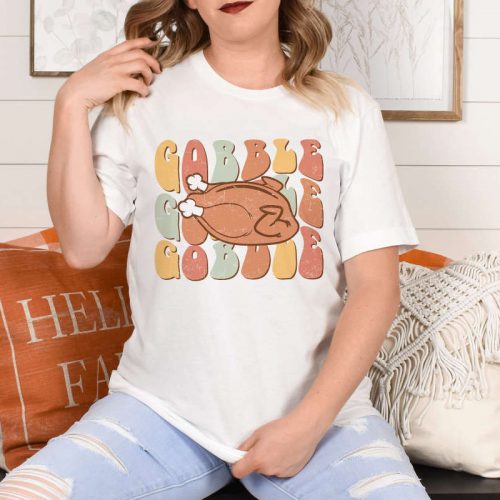 Thanksgiving T-Shirt: Gobble Gobble Tee Peace Sign & Thankful Vibes Shirt for Fall Happy Thanksgiving & Positive Vibe Shirt