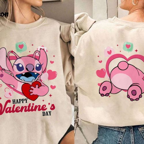 2024 Two-Sided Stitch Angel Happy Valentine s Day Shirt – Flower Heart Valentine Gifts WDW Disneyland Couple Matching Outfit