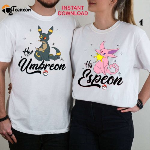 Pokemon Couple Shirt Umbreon & Espeon Png Design Eevee Evolution Valentine s Anime Tee