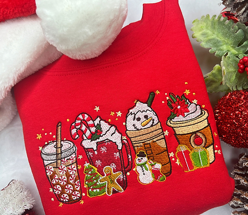 Festive Christmas Coffee Embroidered Sweatshirt – Cozy and Stylish Holiday Apparel