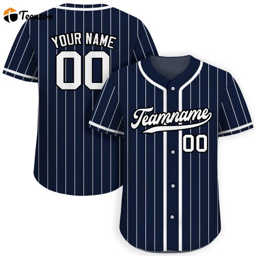 Personalized Custom Baseball Jersey for Men Women Youth – Teamname Name Number Pinstripe Button Down Printed Navy White