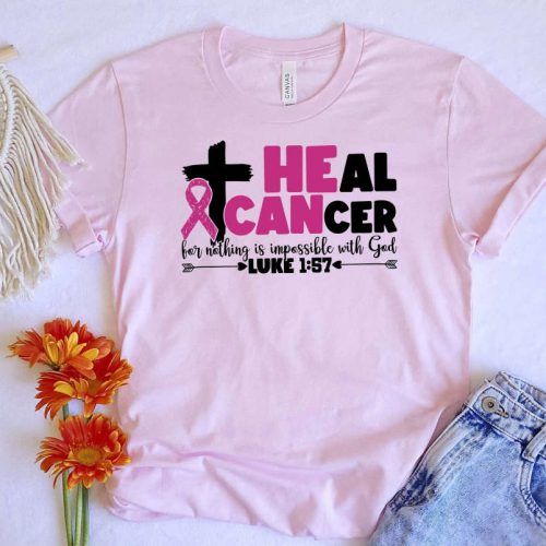 Empowering Cancer Awareness: Heal Cancer T-shirt with Religious Motivation Bible Verses Pink Ribbon and Jesus – Inspiring Hope in Breast Cancer Awareness