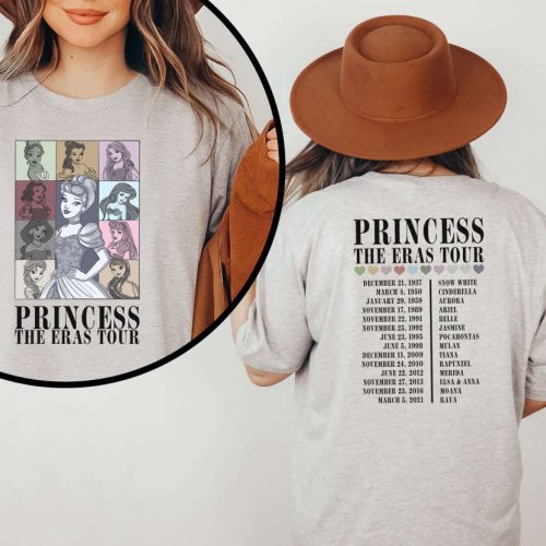 Disney Princess Eras Tour Sweatshirt – Vintage 2-Sided Print T-Shirt with Retro Cartoon Princesses Discover the Magic of Disneyworld Vintage Disney Shirts for All Ages