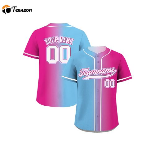 Shop the Stylish and Personalized Printed Blue Pink Gradient Custom Baseball Jersey with Teamname Name Number – Perfect Jerseys Shirt for Men Women Youth Ideal Gifts for Passionate Baseball Fans