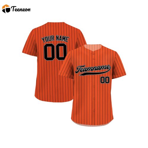 Custom Printed Orange Black Pinstripe Baseball Jersey – Personalized Teamname Name & Number Men Women Youth Sizes Perfect Baseball Fan Gifts!