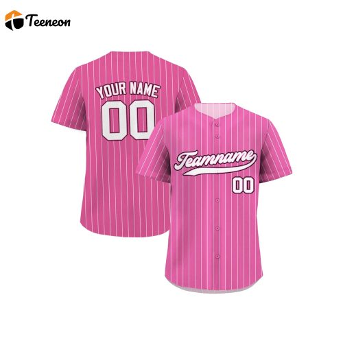 Stylish Pink White Pinstripe Custom Baseball Jersey with Personalized Teamname Name & Number – Ideal Jerseys for Men Women and Youth Perfect Gifts for Baseball Fans!