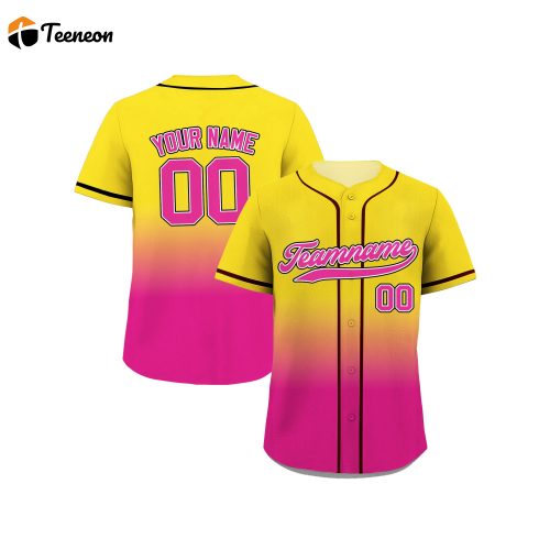 Custom Printed Yellow Pink Gradient Baseball Jersey with Teamname Name Number – For Men Women Youth – Perfect Baseball Fan Gift