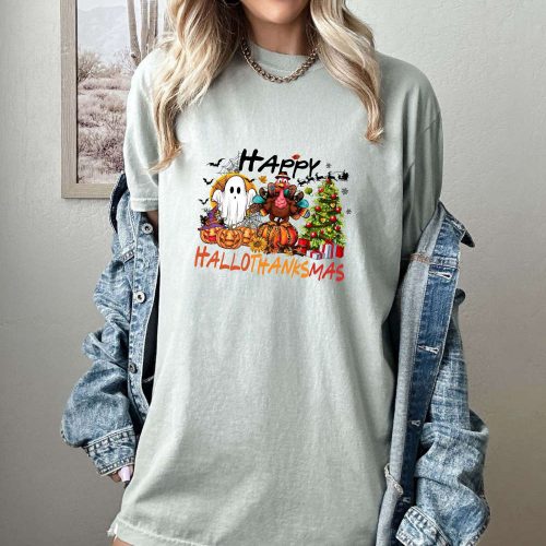 Get in the Spirit with Funny Thanksgiving T-Shirt Comfort Colors Shirt for Thanksgiving Party Hilarious Ghost & Turkey Vibes Tee Happy Hallothanksmas Trendy Fall Shirt