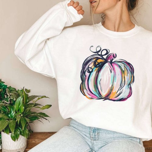 Watercolor Pumpkin Sweatshirt & Thanksgiving T-Shirt: Fall Sweatshirt with Thankful Vibes Mom Shirt Turkey Day & Gift For Wife – Cute Tee